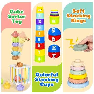 GJOF2YK 6 in 1 Montessori Toys for Babies 6–12 Months Stacking Block Soft Infant Ring Shape Learning Sensory Bin Pull String Teething Toy Tissue Box for Toddlers 1 2 3 Year Old Boy Girl Gift