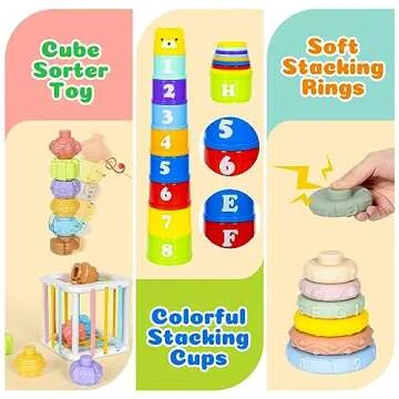 GJOF2YK 6 in 1 Montessori Toys for Babies 6–12 Months Stacking Block Soft Infant Ring Shape Learning Sensory Bin Pull String Teething Toy Tissue Box for Toddlers 1 2 3 Year Old Boy Girl Gift