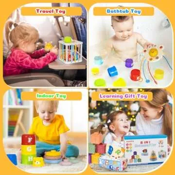 GJOF2YK 6 in 1 Montessori Toys for Babies 6–12 Months Stacking Block Soft Infant Ring Shape Learning Sensory Bin Pull String Teething Toy Tissue Box for Toddlers 1 2 3 Year Old Boy Girl Gift