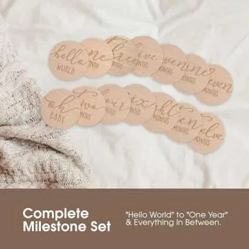 Pearhead Wooden Monthly Milestone Photo Cards - 7 Double-Sided Engraved Discs for Baby Announcement and Milestones, Gender-Neutral Photo Props for Newborn Boy and Girl, Light Wood