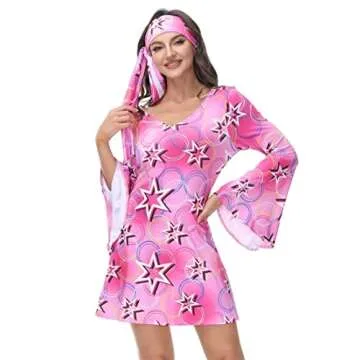 frawirshau 70s Outfits for Women Disco Outfit Women 70s Dress Hippie Clothes for Women Disco Dress Pink Size 2XL