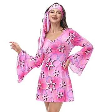 frawirshau 70s Outfits for Women Disco Outfit Women 70s Dress Hippie Clothes for Women Disco Dress Pink Size 2XL