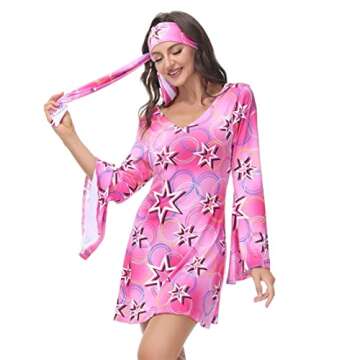 frawirshau 70s Outfits for Women Disco Outfit Women 70s Dress Hippie Clothes for Women Disco Dress Pink Size 2XL