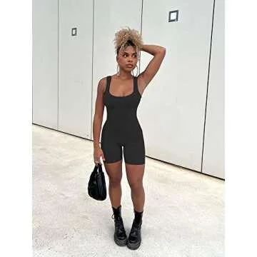 AIBIANOCEL Women's Summer Ribbed Sleeveless Tank Bodycon Romper Short Yoga Jumpsuit Catsuit Playsuit(Black,Medium)