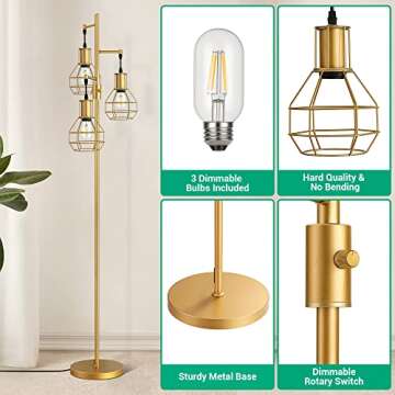 EDISHINE Industrial Dimmable Floor Lamp Gold, Farmhouse Standing Lamp for Living Room with 3 LED Edison Bulbs, Modern Tall Standing Corner Lamp with Metal Diamond Cage for Bedroom, Office
