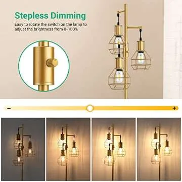 EDISHINE Industrial Dimmable Floor Lamp Gold, Farmhouse Standing Lamp for Living Room with 3 LED Edison Bulbs, Modern Tall Standing Corner Lamp with Metal Diamond Cage for Bedroom, Office