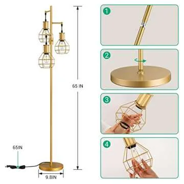 EDISHINE Industrial Dimmable Floor Lamp Gold, Farmhouse Standing Lamp for Living Room with 3 LED Edison Bulbs, Modern Tall Standing Corner Lamp with Metal Diamond Cage for Bedroom, Office