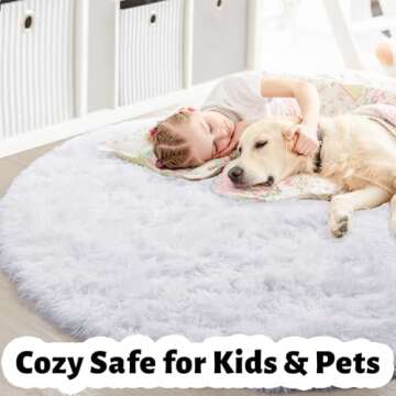 White Round Rug for Bedroom,Fluffy Circle Rug 6'X6' for Kids Room,Furry Carpet for Teen's Room,Shaggy Circular Rug for Nursery Room,Fuzzy Plush Rug for Dorm,White Carpet,Cute Room Decor for Baby