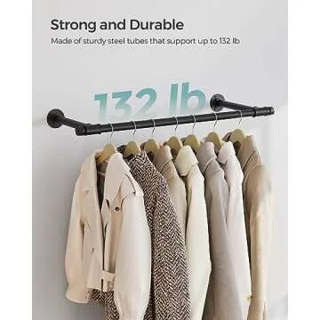 SONGMICS 2 Pack Clothes Rack Wall-Mounted, Industrial Pipe Clothing Rack, Space-Saving Garment Rack, 11.8 x 33 x 2.8 Inches, 132 lb Capacity for Each Hanging Rod, Steel, Black UHSR140B02