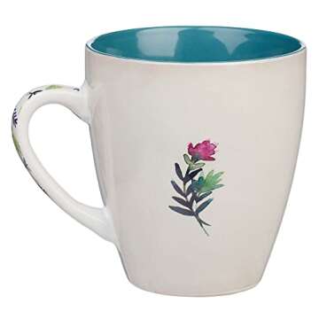 Christian Art Gifts Coffee Mug I Can Do All Things Through Him Watercolor Floral Philippians 4:13 Scripture, 15oz, White/Teal