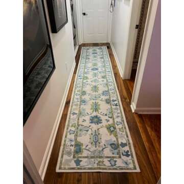 Fame Living Green Oushak Runner Rug, Modern Runners, Vintage, Turkish, Eclectic, Floral, Pastel, Was...