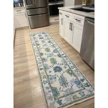 Fame Living Green Oushak Runner Rug, Modern Runners, Vintage, Turkish, Eclectic, Floral, Pastel, Washable, Runner for Hallway, Kitchen, Bedroom, Bathroom, 2'5"x9'8"