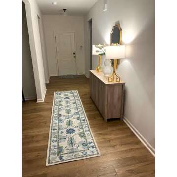 Fame Living Green Oushak Runner Rug, Modern Runners, Vintage, Turkish, Eclectic, Floral, Pastel, Washable, Runner for Hallway, Kitchen, Bedroom, Bathroom, 2'5"x9'8"