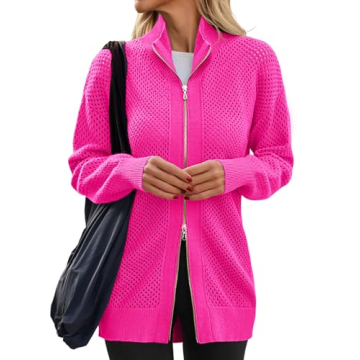 Women's Turtleneck Zip Up Cardigan Sweaters Oversized Drop Shoulder Long Sleeve Casual Solid Mesh Kn...