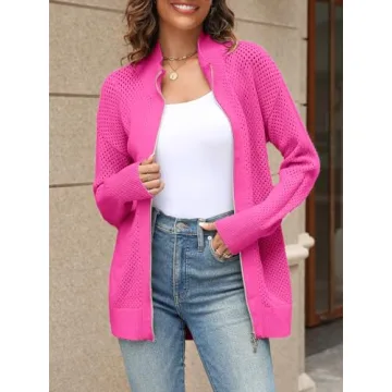 Women's Turtleneck Zip Up Cardigan Sweaters Oversized Drop Shoulder Long Sleeve Casual Solid Mesh Knit Jumper Tops Rose Red