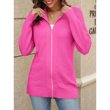 Women's Turtleneck Zip Up Cardigan Sweaters Oversized Drop Shoulder Long Sleeve Casual Solid Mesh Knit Jumper Tops Rose Red