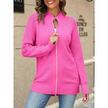 Women's Turtleneck Zip Up Cardigan Sweaters Oversized Drop Shoulder Long Sleeve Casual Solid Mesh Knit Jumper Tops Rose Red