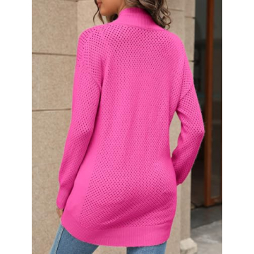 Women's Turtleneck Zip Up Cardigan Sweaters Oversized Drop Shoulder Long Sleeve Casual Solid Mesh Knit Jumper Tops Rose Red