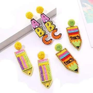 HZEYN 3 Pairs Beaded Teacher Earrings for Women Handmade Beaded Pencil ABC Dangle Earrings Jewelry E...