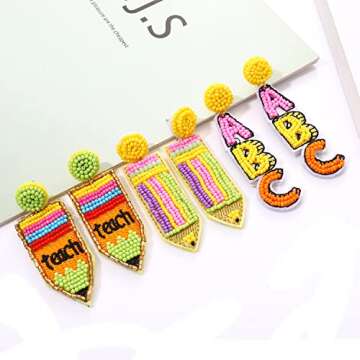 HZEYN 3 Pairs Beaded Teacher Earrings for Women Handmade Beaded Pencil ABC Dangle Earrings Jewelry Educator Teacher Appreciation Gifts (ABC pencil)