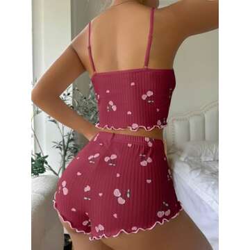 COZYEASE Women's 2 Piece Pajama Set Cherry Print Bow Front Cami Top and Short Pj Set Cute Soft Sleep...