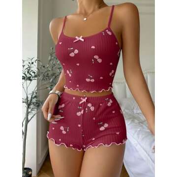 COZYEASE Women's 2 Piece Pajama Set Cherry Print Bow Front Cami Top and Short Pj Set Cute Soft Sleepwear Burgundy Small