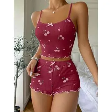 COZYEASE Women's 2 Piece Pajama Set Cherry Print Bow Front Cami Top and Short Pj Set Cute Soft Sleepwear Burgundy Small