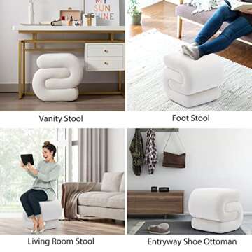 CALABASH Modern Foot Stool Ottoman,S-Shaped Velvet Vanity Stool,Upholstered Sofa Footrest Extra Seating Pouf for Bedroom,Entryway,Living Room(White)