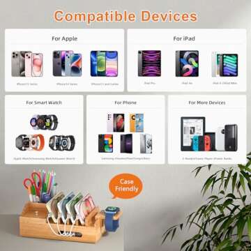 Bamboo Charging Station for Multiple Devices with 5 Port USB Charger, 5 Charger Cables and Smart Wat...