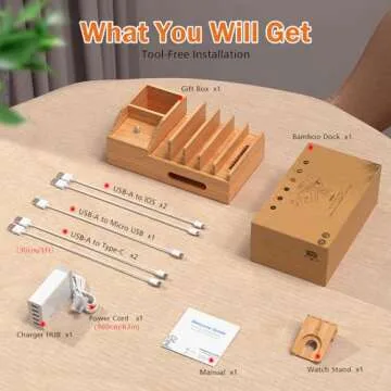 Bamboo Charging Station for Multiple Devices with 5 Cables