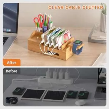 Bamboo Charging Station for Multiple Devices with 5 Cables