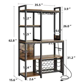 YITAHOME Kitchen Microwave Bakers Stand Wine Rack, Coffee Bar Storage for Liquor Glasses Power Outlet, Wine Rack Freestanding Floor Tall Farmhouse Shelf Dining Room Hutch 35 Inch Large, Rustic Brown