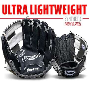 Franklin Sports Kids Baseball Gloves - Meshtek Child's Tball Glove + Ball Set - Boys + Girls Teeball Mitt Set - Kids + Toddler - Right Hand Throw - 9.5",Black/Graphite/White