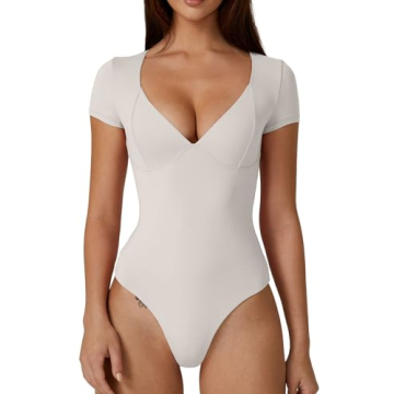 QINSEN V Neck Bodysuit for Women - Stylish Short Sleeve Top