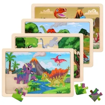 Wooden Puzzles Dinosaur Toys for Kids Ages 3-5, Set of 4 Packs with 20-Piece Wood Jigsaw Puzzles, Pr...