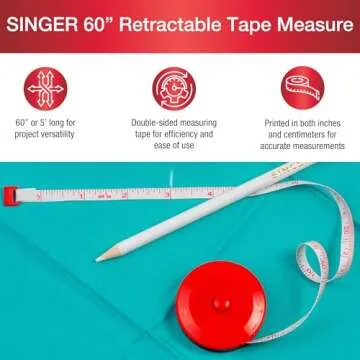 SINGER 60-Inch Retractable Tape Measure for Sewing, Tailoring, Body Measurements and Crafts, Dual-Sided Soft Tape, Compact Red Case