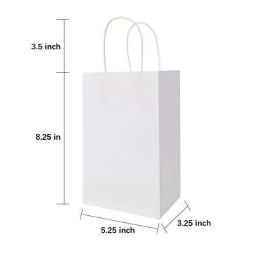 Oikss 100 Pack 5.25x3.25x8.25 Inch Small White Kraft Paper Bags with Handles Bulk for Birthday Weddi...