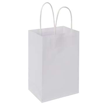 Oikss 100 Pack 5.25x3.25x8.25 Inch Small White Kraft Paper Bags with Handles Bulk for Birthday Wedding Party Favors Grocery Retail Shopping Business Goody Craft Gift Bags Cub Sacks (100pcs Count)