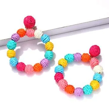 Rattan Earrings Rattan Ball Hoop Dangle Earrings for Women Handmade Bohemia Earrings Braid Straw Wic...