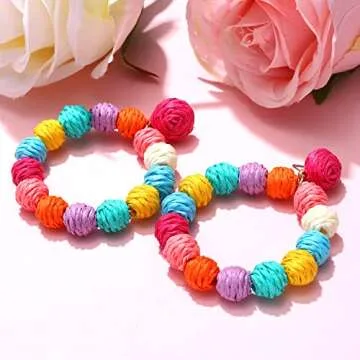 Rattan Earrings Rattan Ball Hoop Dangle Earrings for Women Handmade Bohemia Earrings Braid Straw Wicker Raffia Earrings Summer Beach Accessory Gifts (Rainbow)