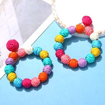 Rattan Earrings Rattan Ball Hoop Dangle Earrings for Women Handmade Bohemia Earrings Braid Straw Wicker Raffia Earrings Summer Beach Accessory Gifts (Rainbow)