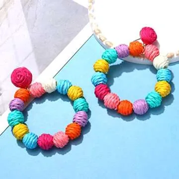 Rattan Earrings Rattan Ball Hoop Dangle Earrings for Women Handmade Bohemia Earrings Braid Straw Wicker Raffia Earrings Summer Beach Accessory Gifts (Rainbow)