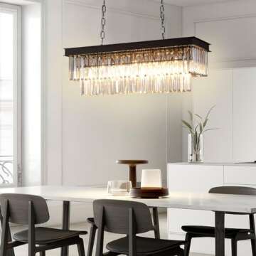 Depuley 24'' Modern Crystal Chandeliers for Dining Room, 6-Light Rectangular Black Chandelier, Rectangle Contemporary Pendant Light Fixture for Kitchen Island, Included E12 Bulbs, UL Listed