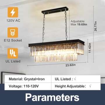 Depuley 24'' Modern Crystal Chandeliers for Dining Room, 6-Light Rectangular Black Chandelier, Rectangle Contemporary Pendant Light Fixture for Kitchen Island, Included E12 Bulbs, UL Listed