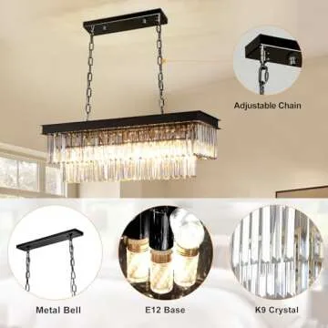 Depuley 24'' Modern Crystal Chandeliers for Dining Room, 6-Light Rectangular Black Chandelier, Rectangle Contemporary Pendant Light Fixture for Kitchen Island, Included E12 Bulbs, UL Listed
