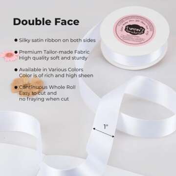 VATIN Double Face White Satin Ribbon 1" Continuous 25 Yards,White Polyester Fabric Ribbon use for Bo...