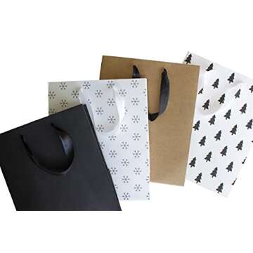 Christmas Kraft Gift Bag Set (12 Bags, 3 Sizes With 50 Sheets Tissue Paper Included) Black, White, B...