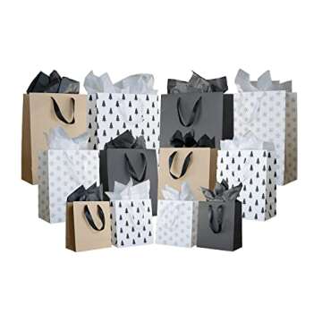 Christmas Kraft Gift Bag Set (12 Bags, 3 Sizes With 50 Sheets Tissue Paper Included) Black, White, Brown, Christmas Pine Trees, Snowflakes