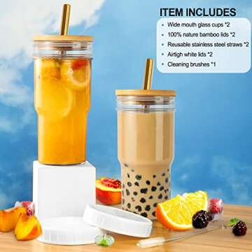 Xeiwagoo Reusable Boba/ Smoothie Tumbler, Glass, Bubble Tea Cup, 2 Pack Wide Mouth 22oz for Iced Coffee with Bamboo Lid and Straw, Mason Jar for Drinking (Gold Straw, 2)