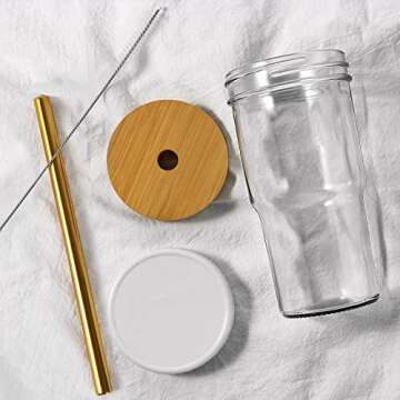 Xeiwagoo Reusable Boba/ Smoothie Tumbler, Glass, Bubble Tea Cup, 2 Pack Wide Mouth 22oz for Iced Coffee with Bamboo Lid and Straw, Mason Jar for Drinking (Gold Straw, 2)